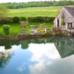 Ein Gartenteich neben einem Haus