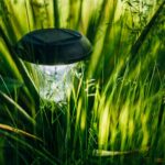 Ein einzelner Gartenstrahler steht im Gras und gibt Licht ab.